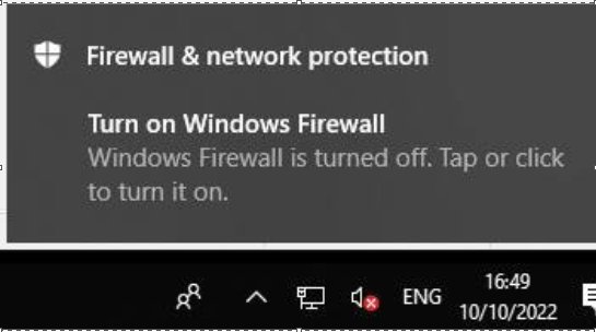 Taskbar notification warning that Windows Firewall is turned off