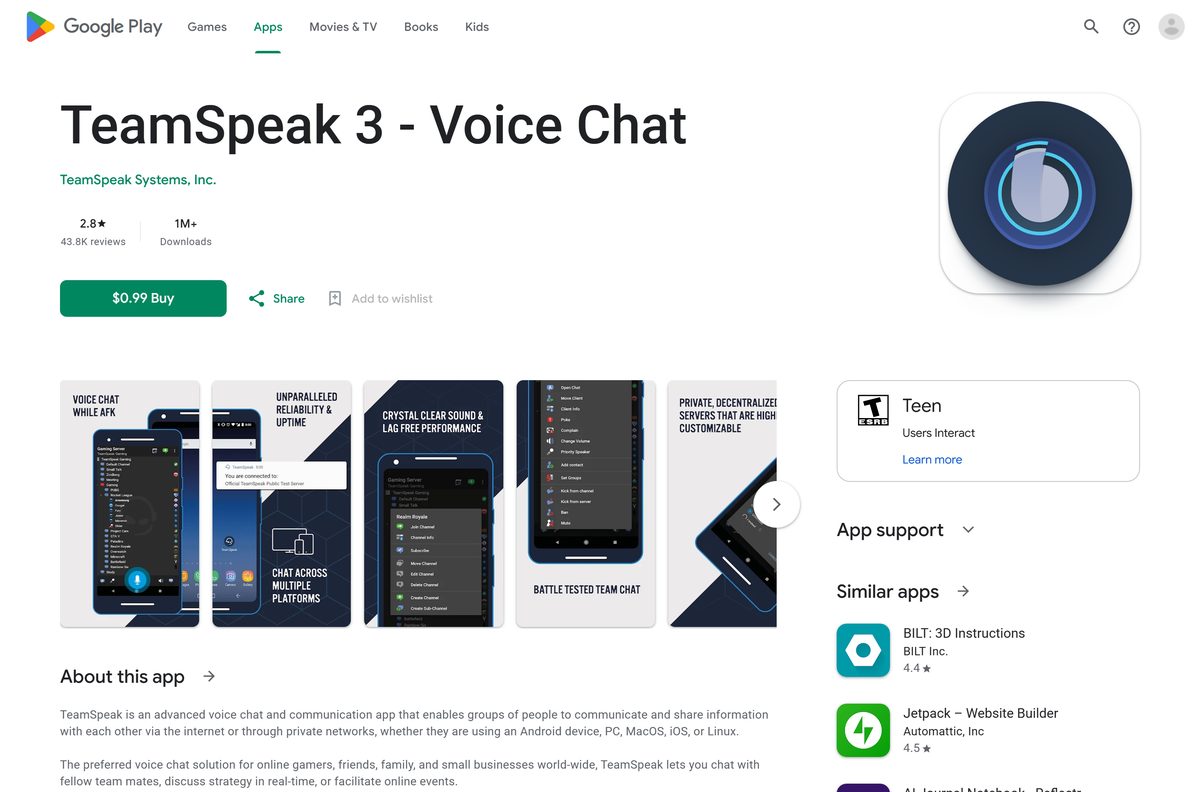 Google Play listing for TeamSpeak 3 with its price and publisher