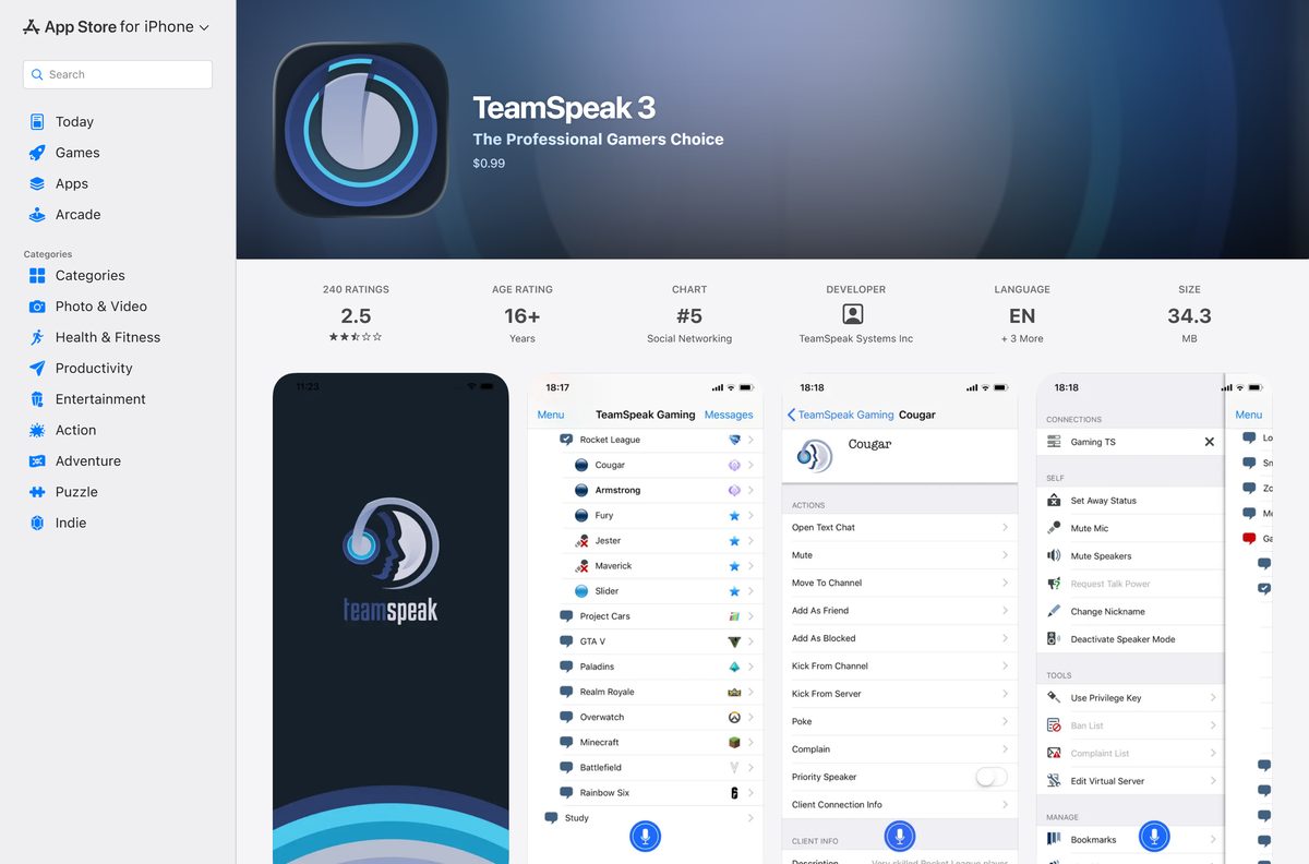 App Store listing for TeamSpeak 3 on iPhone and iPad