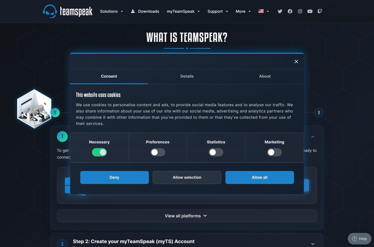 TeamSpeak Getting Started guide showing the five setup steps