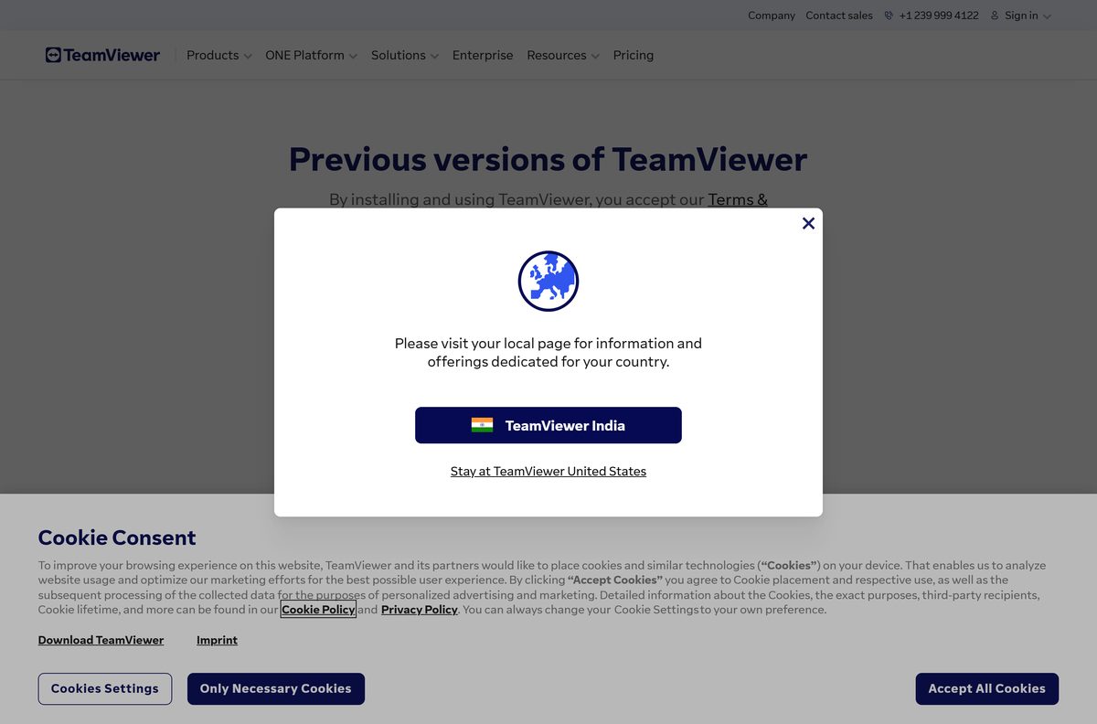 Previous versions page offering QuickSupport 15.64.7 for older Windows releases