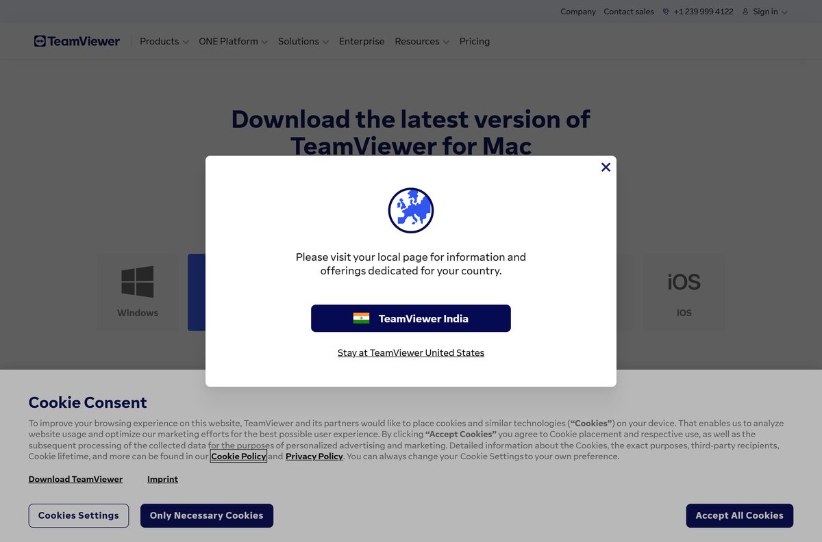 TeamViewer macOS download portal showing one disk image per module