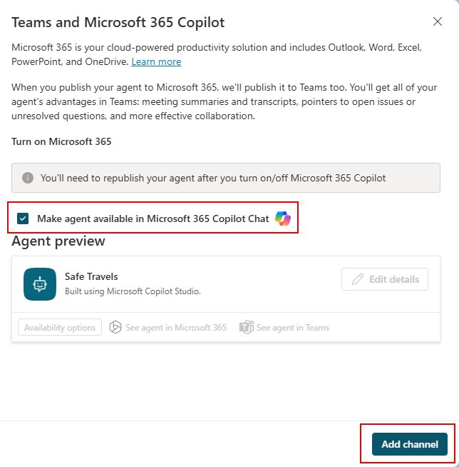 Teams and Microsoft 365 Copilot channel panel with Add channel button