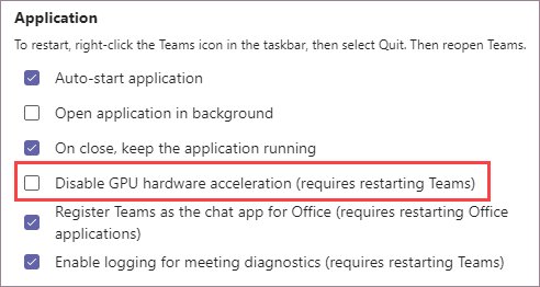 Teams application settings list with Disable GPU hardware acceleration checkbox highlighted