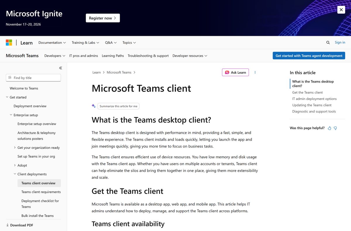 Microsoft Learn table of Teams desktop, web and mobile platforms