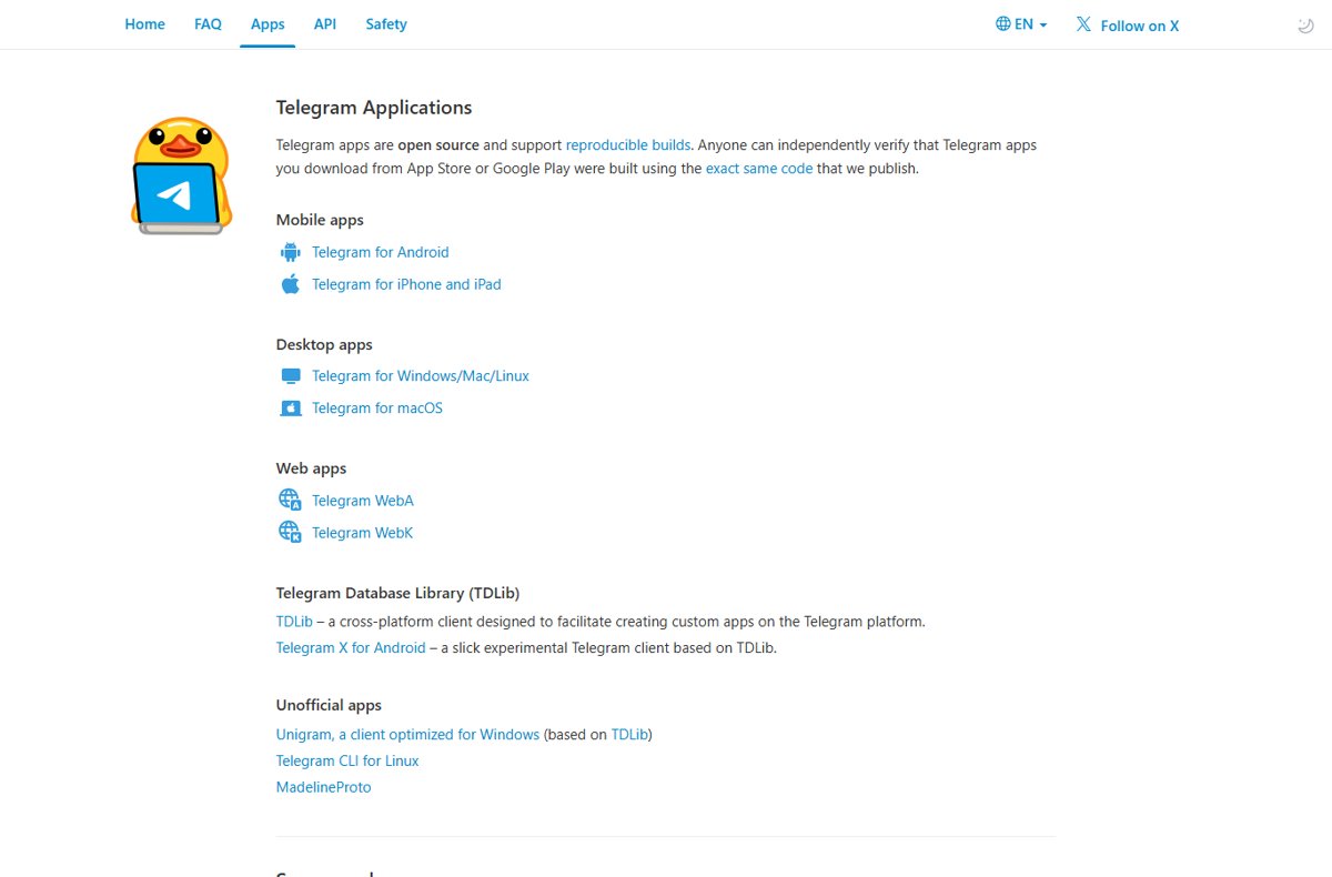 Telegram Applications page listing mobile, desktop and web app options