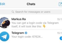 Telegram chats list showing a login code message with blue checkmark