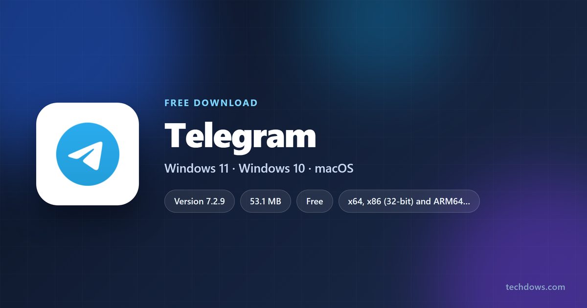 Telegram Desktop card with version, file size and supported systems
