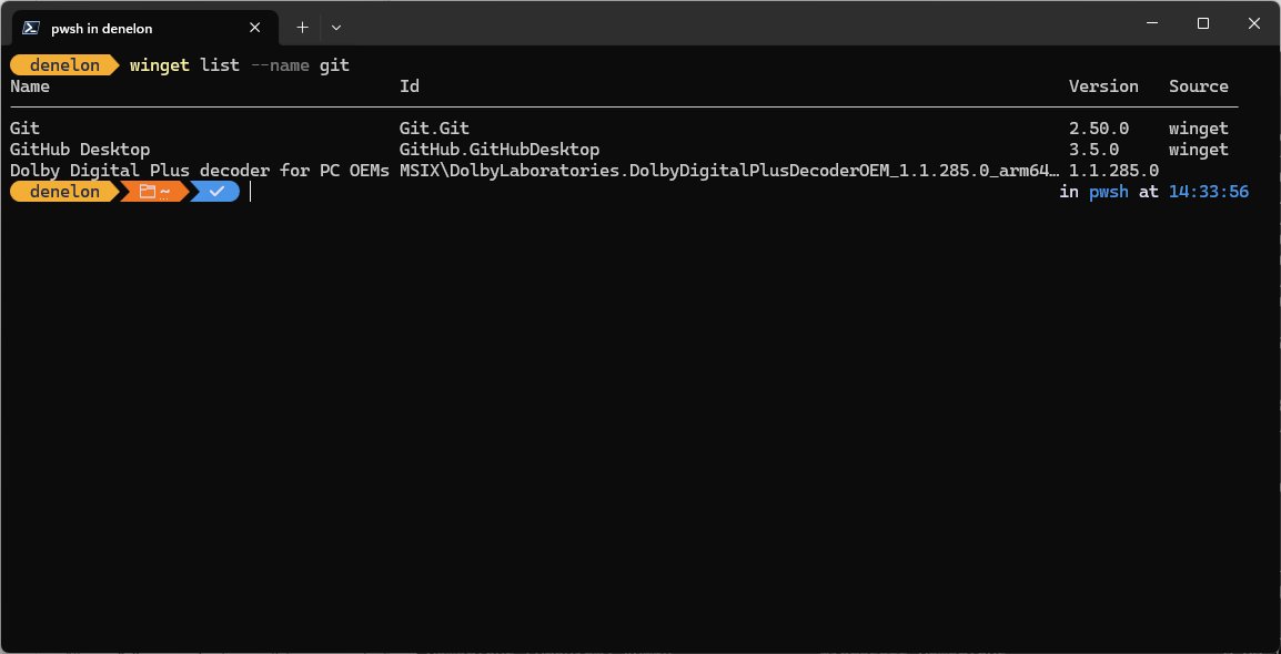 Terminal listing installed apps filtered by name using winget list