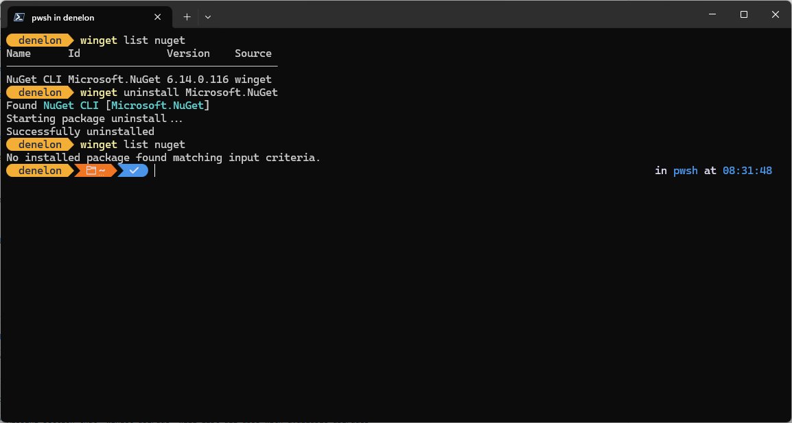 Terminal output for winget list, uninstall and list again confirming removal