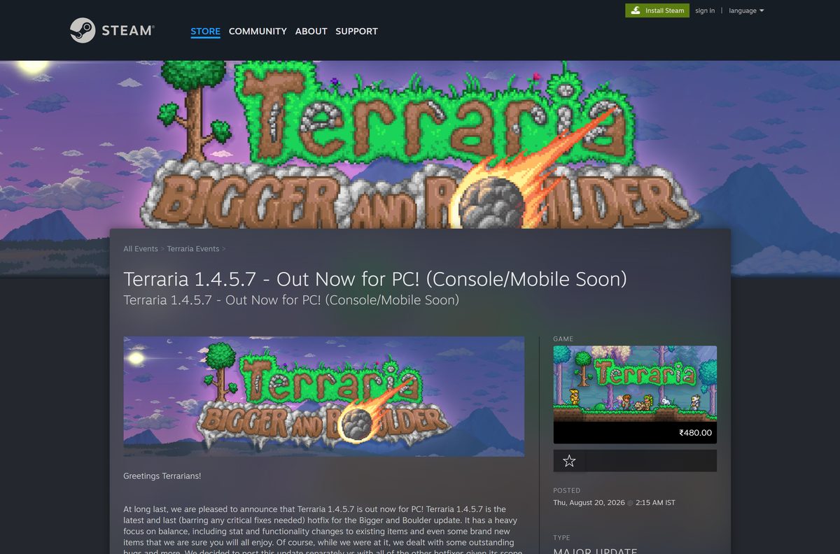 Re-Logic announcement of the Terraria 1.4.5.7 PC update on Steam