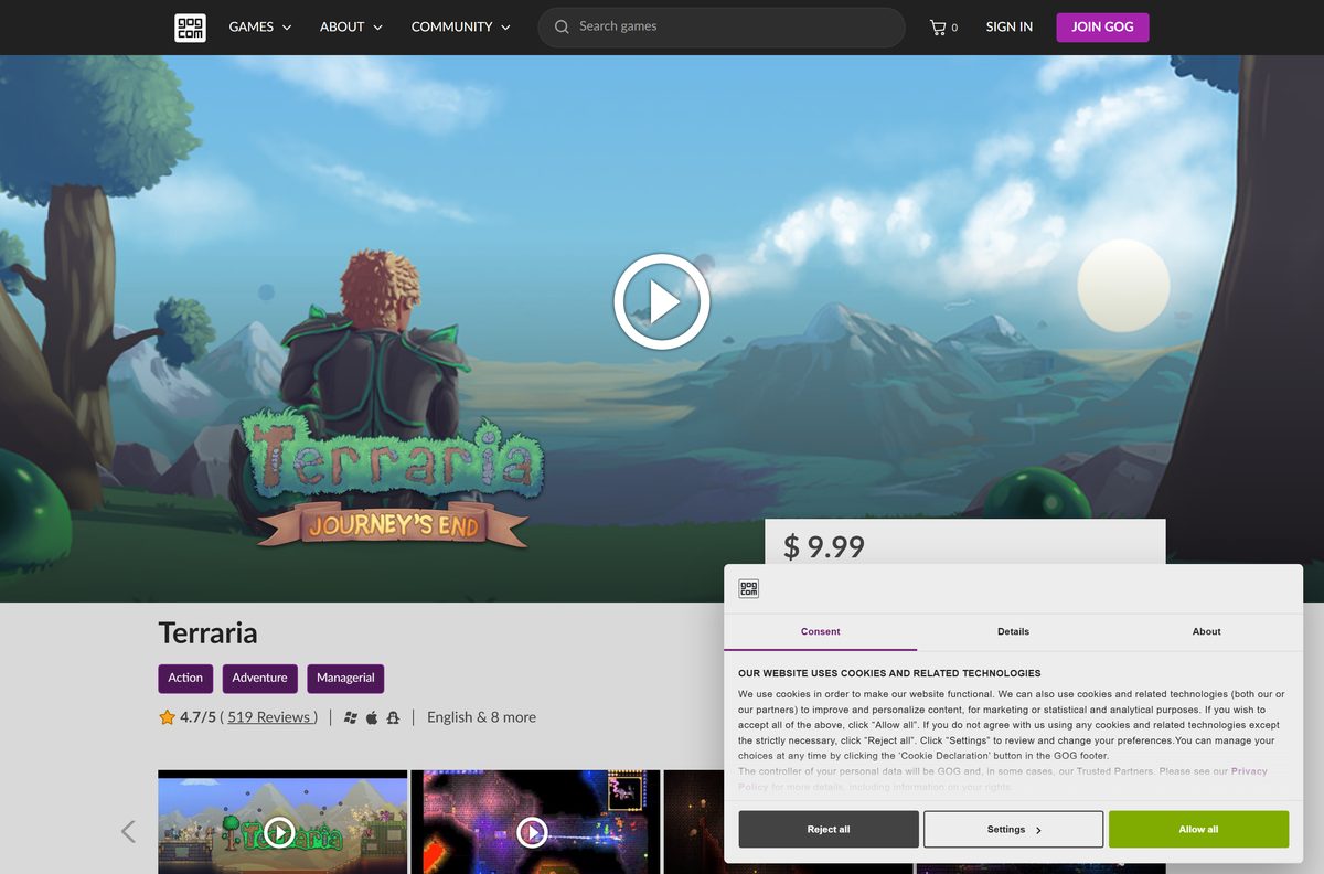 GOG product page for Terraria showing price and supported systems