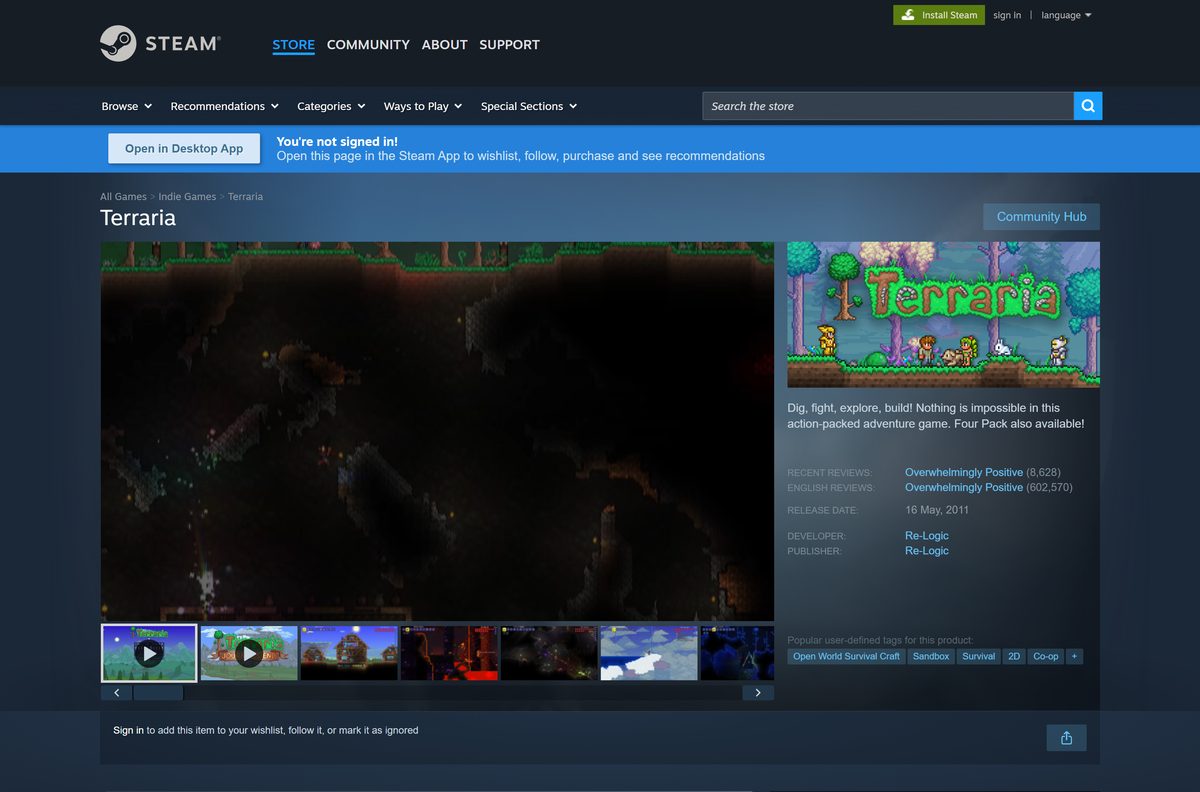 Steam store listing for Terraria with its purchase options