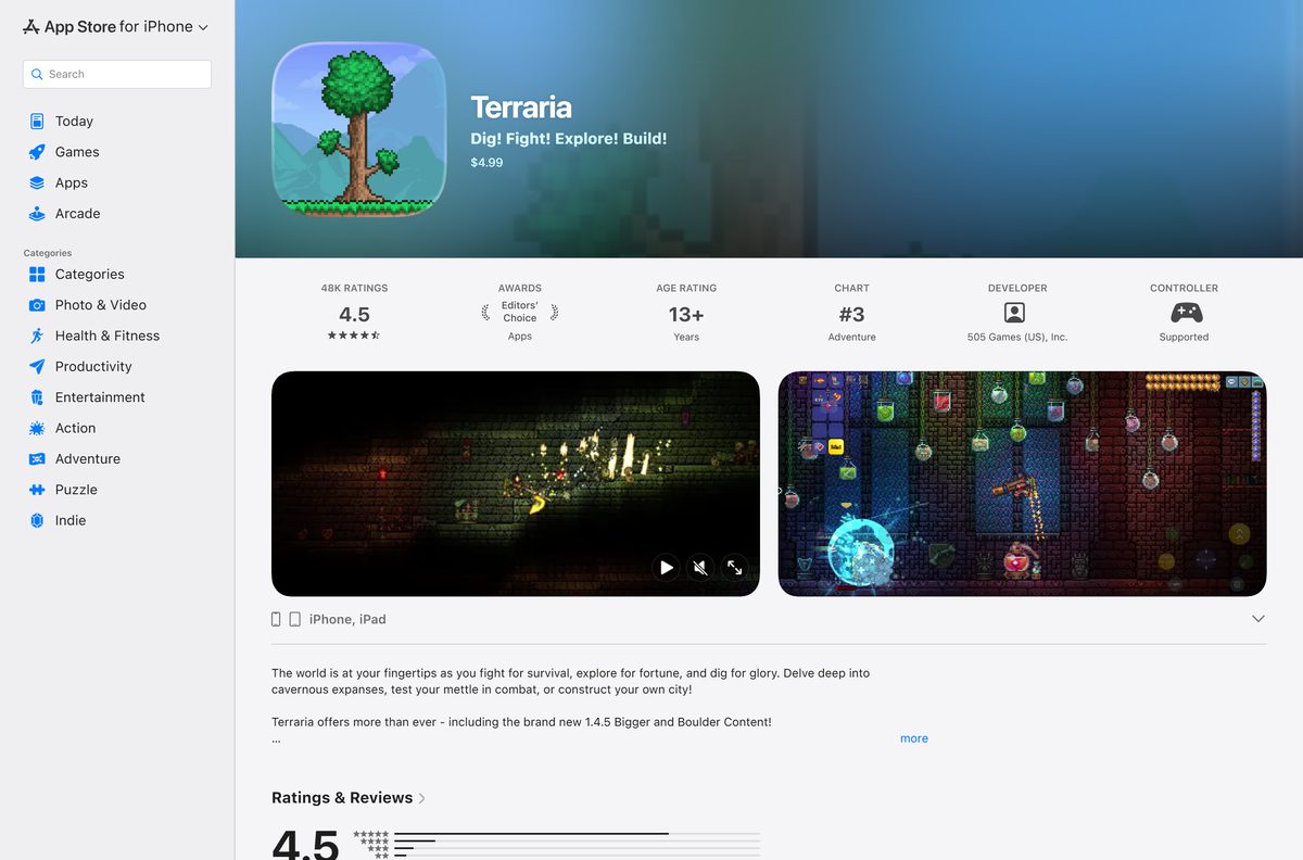 App Store page for Terraria on iPhone and iPad