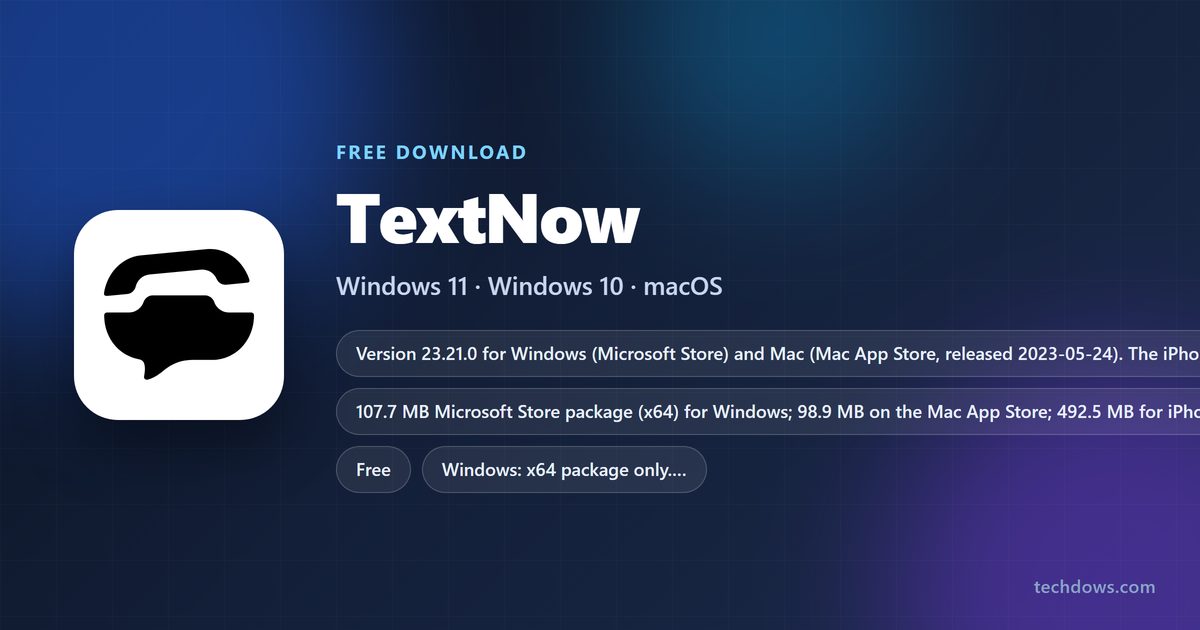 TextNow logo with price, supported systems and download sizes