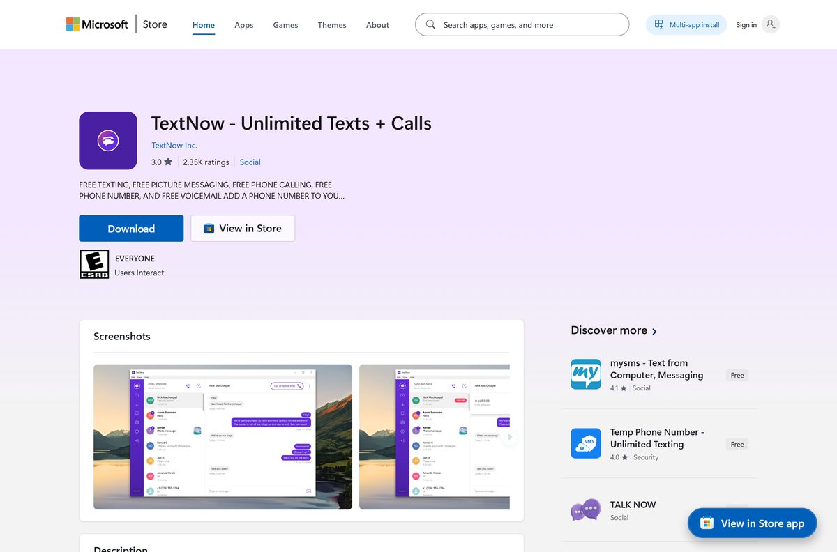 Microsoft Store listing for TextNow with its Get button