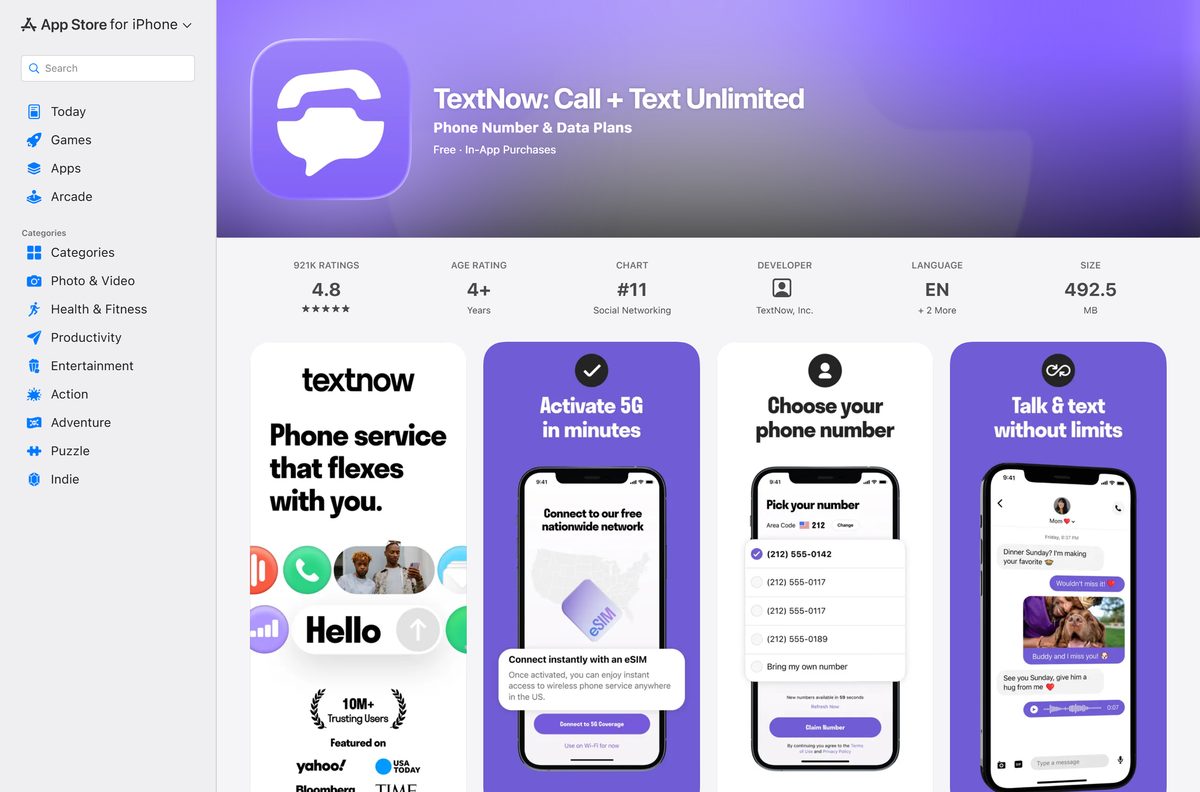 App Store page for the TextNow iPhone app with ratings
