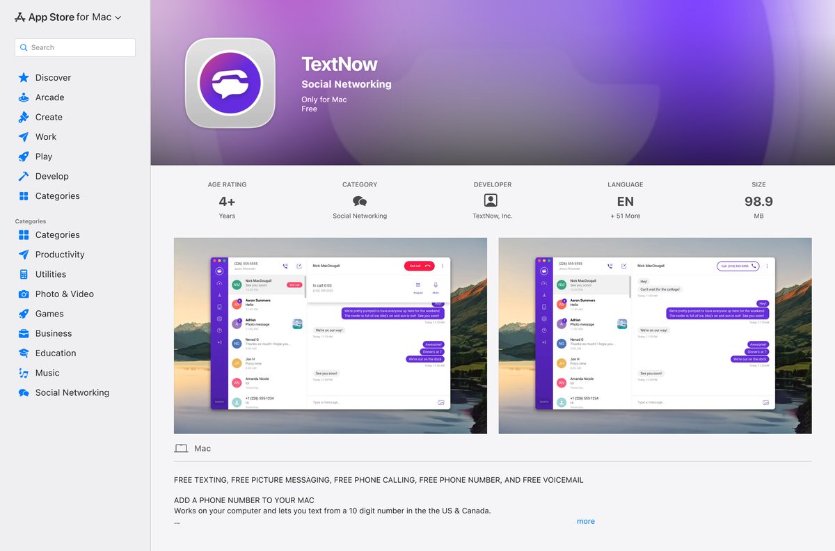Mac App Store listing for TextNow with size and developer