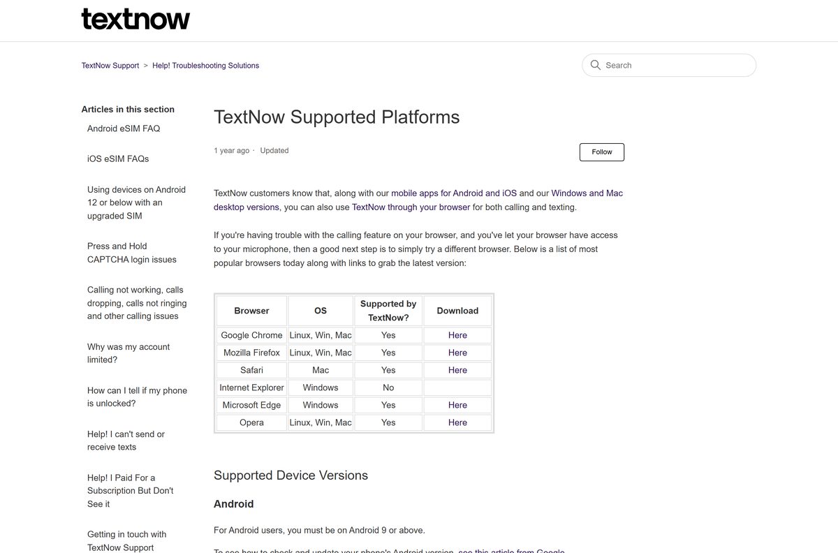 TextNow help page listing supported browsers and phone versions