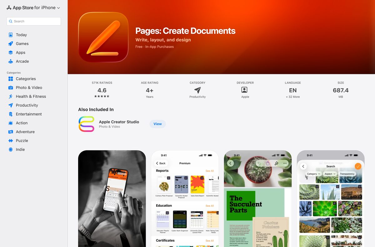 App Store listing for Apple Pages with its price, rating and size