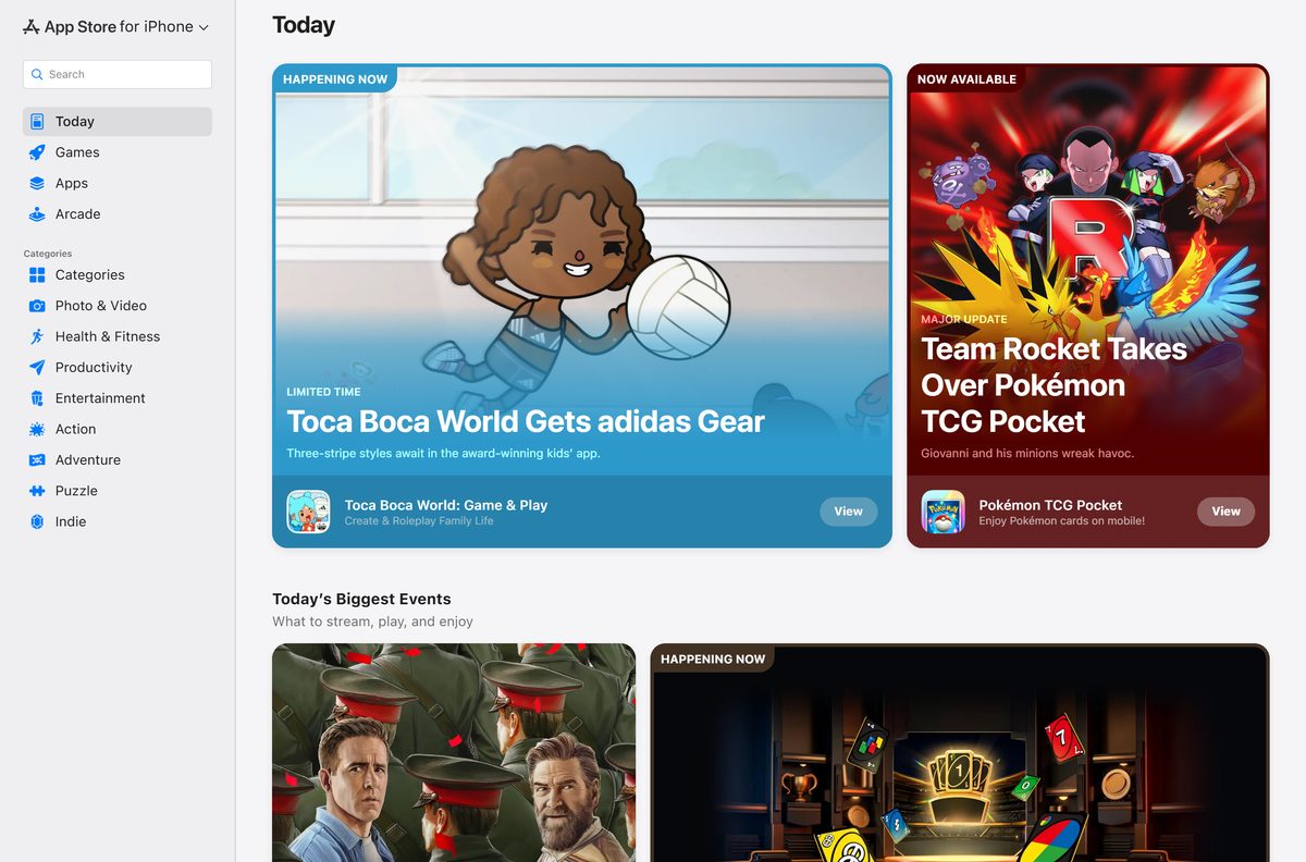 The App Store catalogue open in a desktop browser on Windows