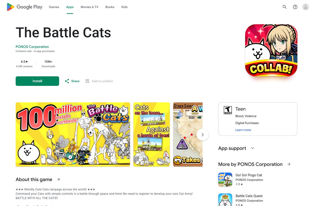 Google Play listing for The Battle Cats with rating and downloads
