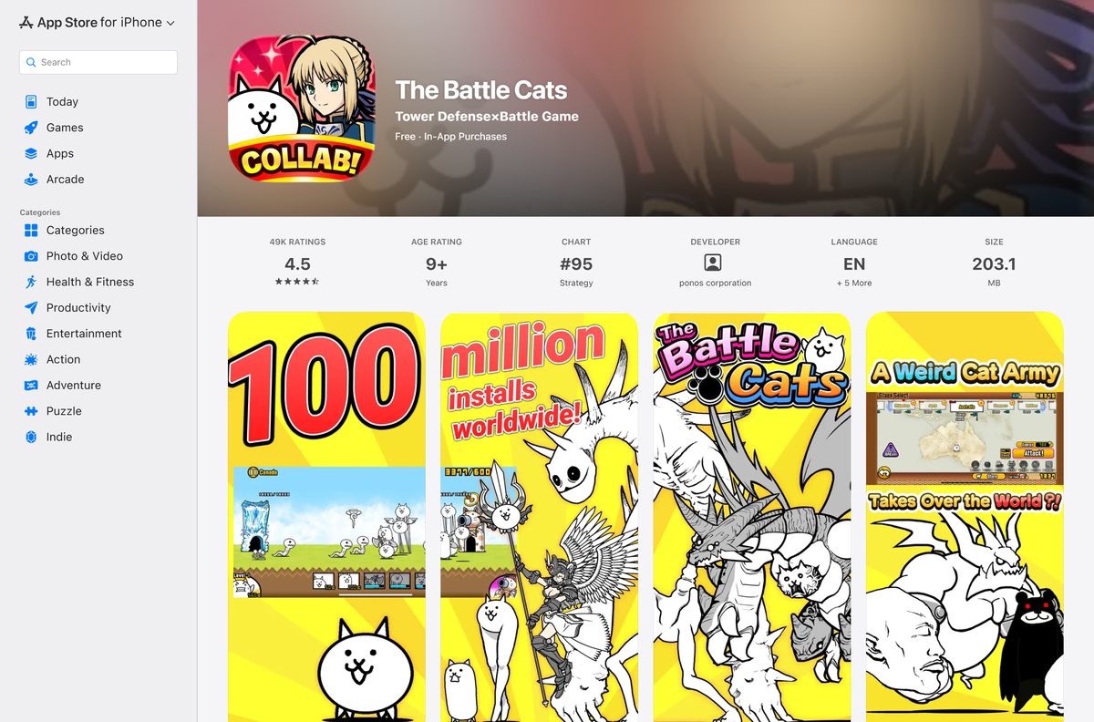 App Store listing for The Battle Cats with size and age rating