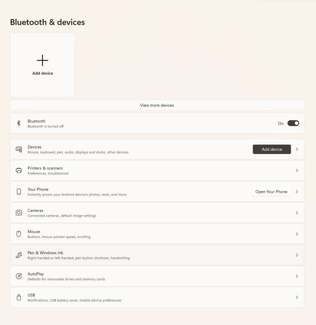 The Bluetooth & devices page in Windows Settings, with Add device above the toggle