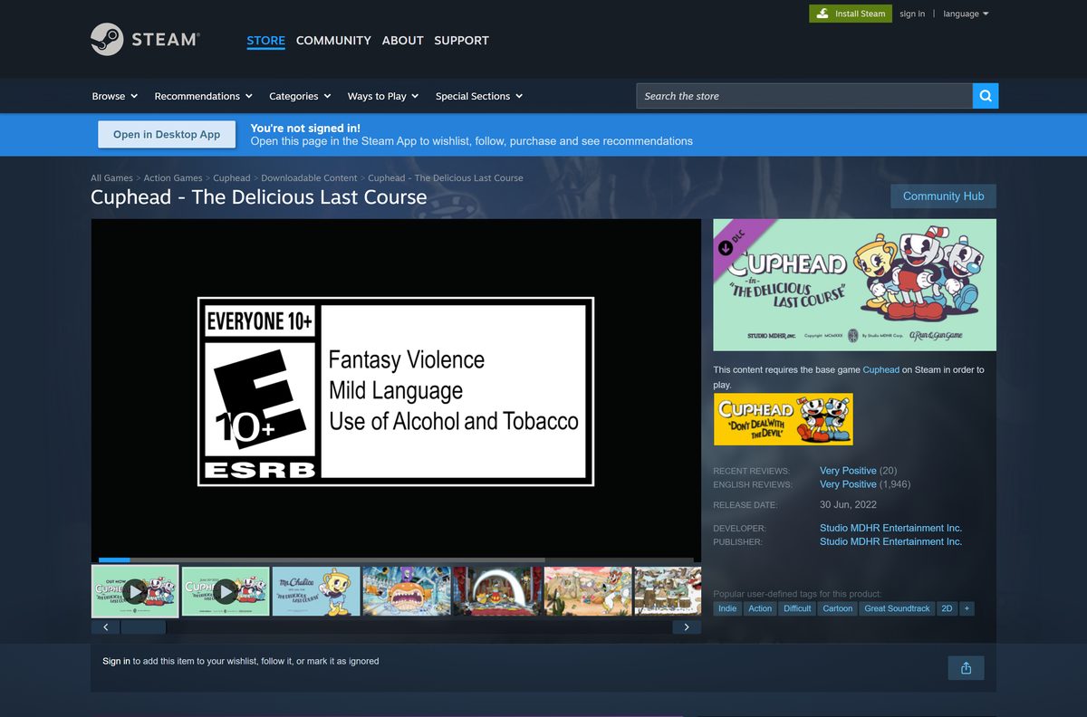 Steam page for the Cuphead DLC The Delicious Last Course
