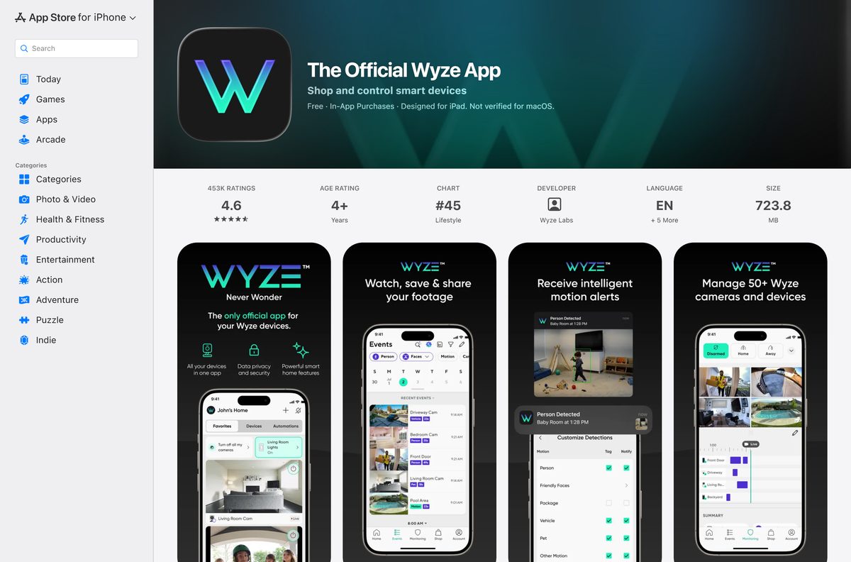 App Store page for the Wyze app with its size and rating