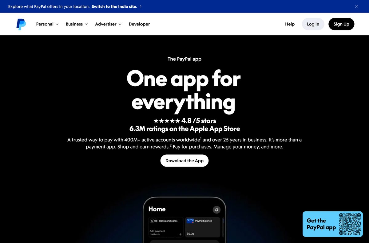 PayPal app page with store buttons and app features