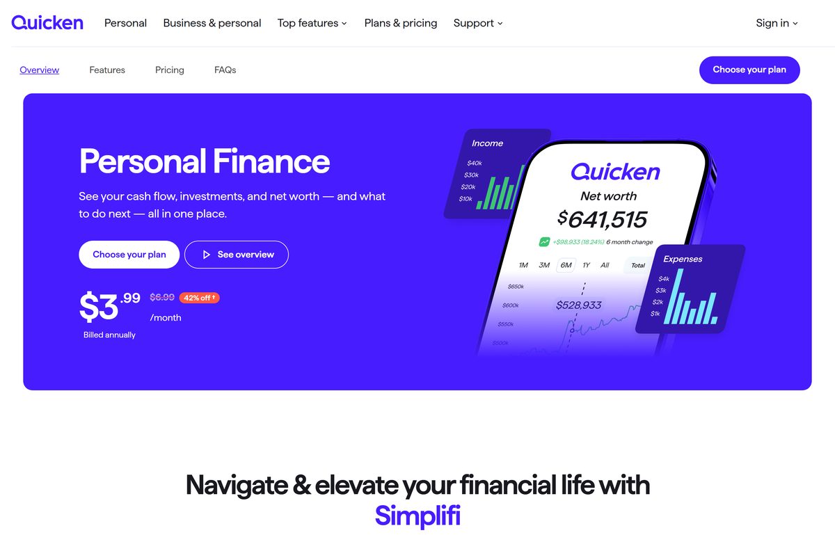 Quicken Simplifi page describing the web and mobile budgeting plan