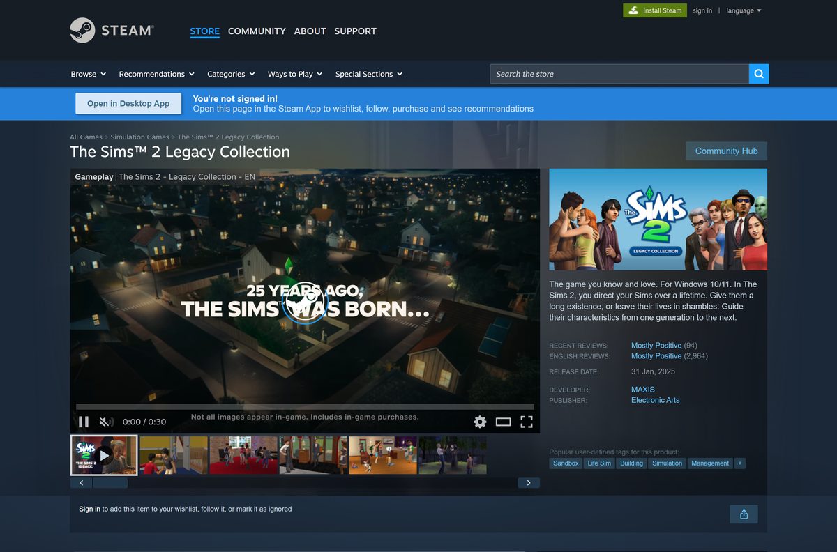 Steam store listing for The Sims 2 Legacy Collection with its publisher