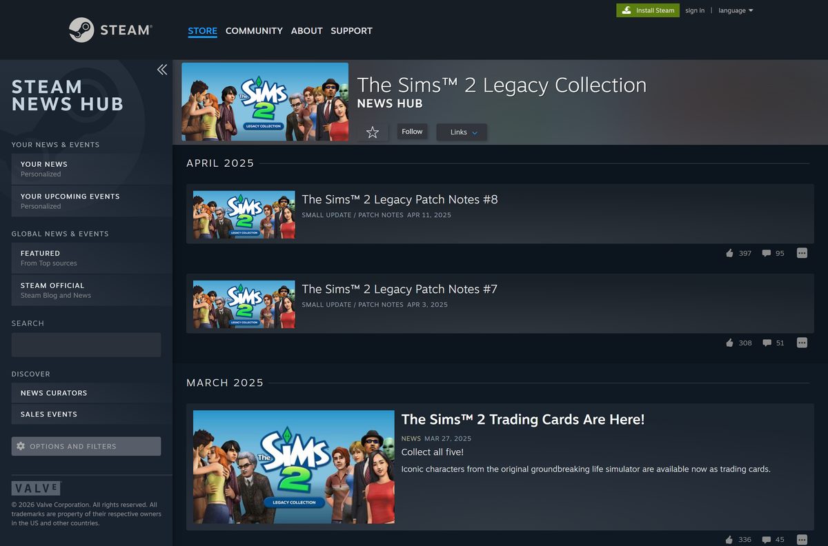 Steam news hub listing The Sims 2 Legacy Collection patch notes