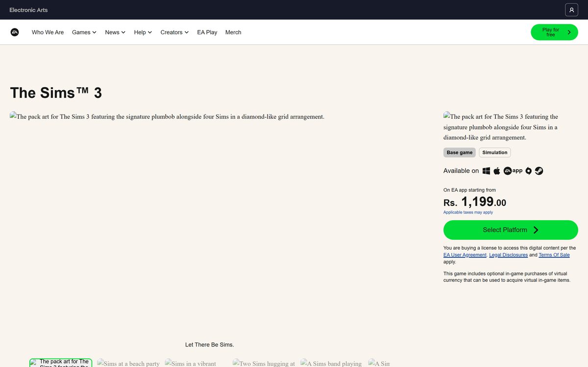 Electronic Arts game page with buy buttons for Windows and Mac