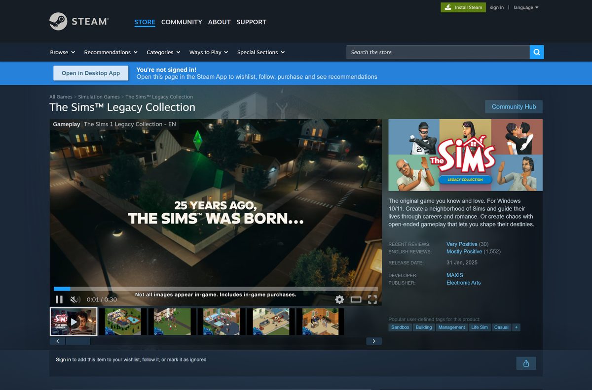 Steam listing for The Sims Legacy Collection, the original game