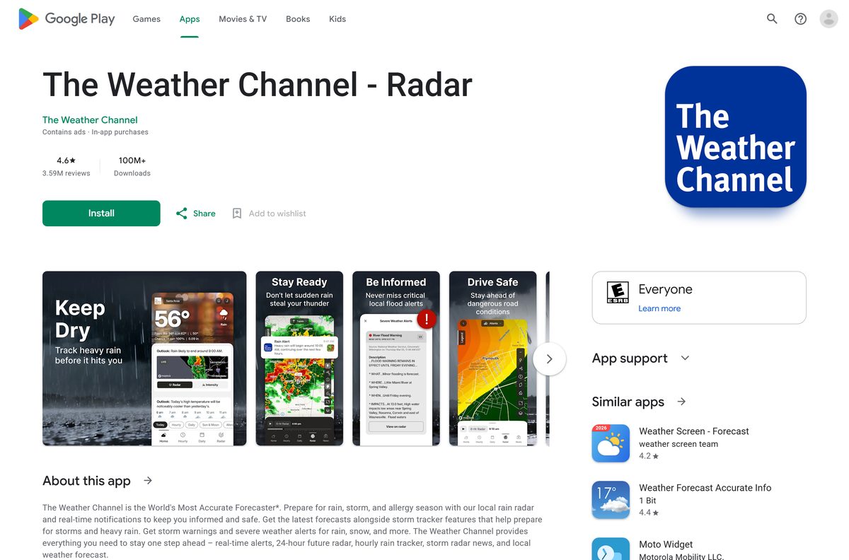 Google Play listing for The Weather Channel with its download count