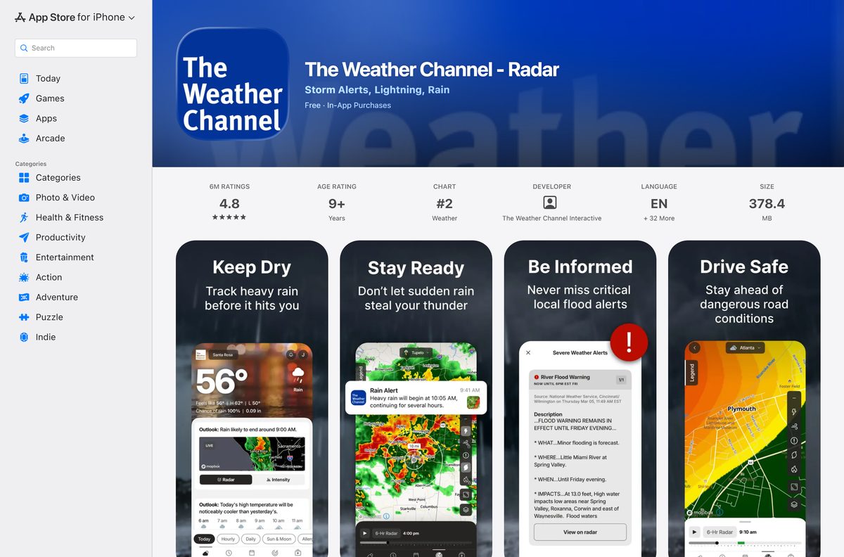 App Store listing for The Weather Channel with its rating and size