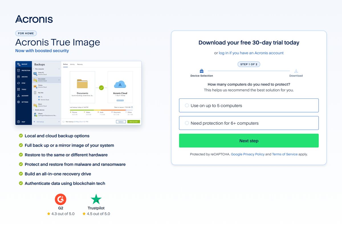 Acronis True Image trial form asking how many computers to protect