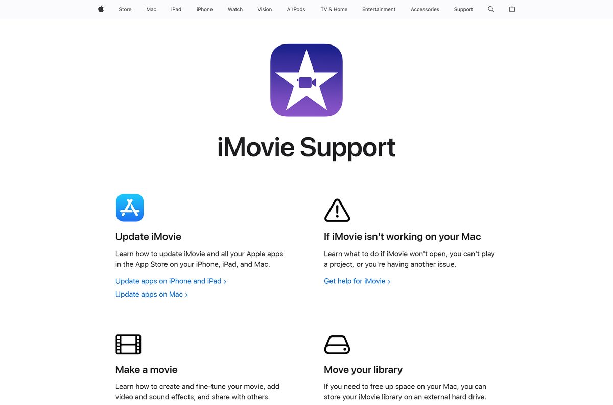 Apple support hub for iMovie linking guides and repair articles