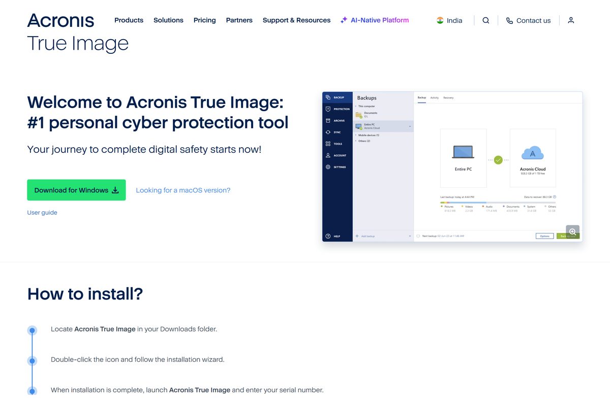 Acronis download page with the Download for Windows button