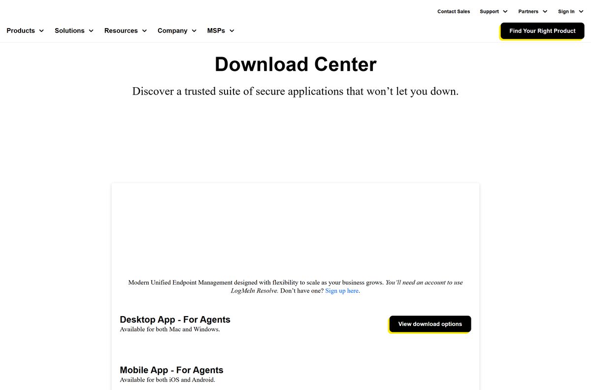 LogMeIn Download Center listing desktop and mobile apps per product