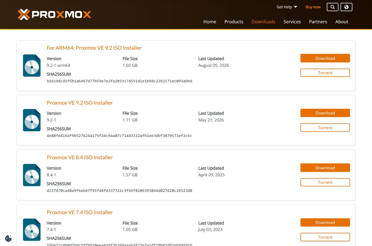 Official Proxmox VE ISO download page listing each installer version