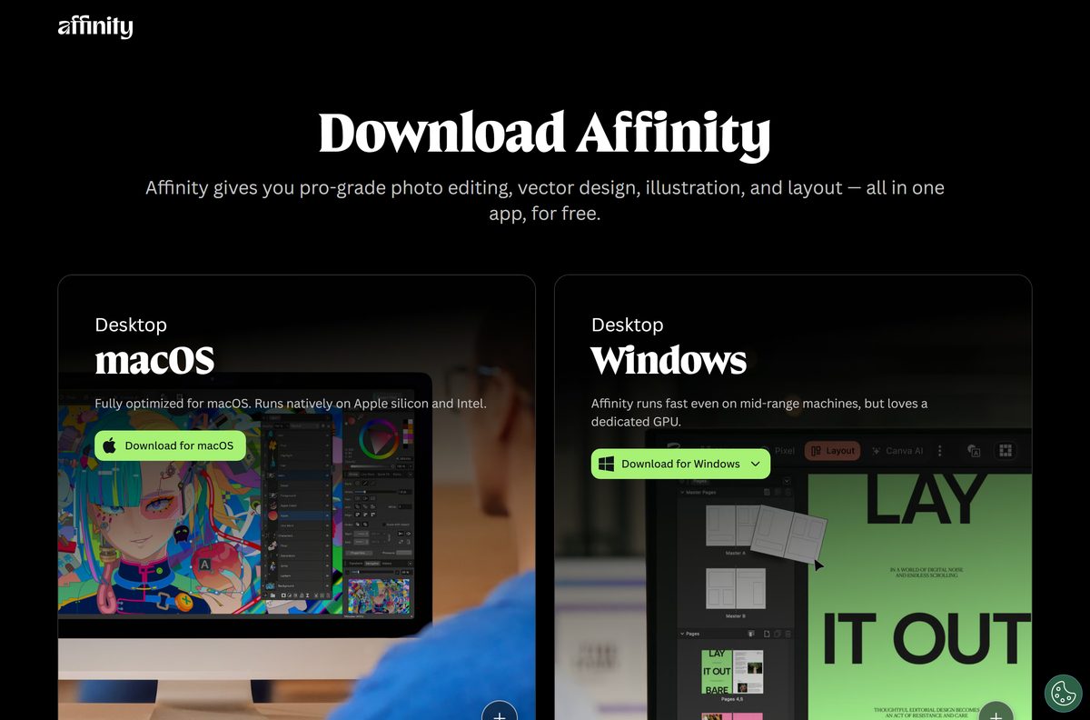 Affinity Designer download page showing macOS and Windows buttons side by side