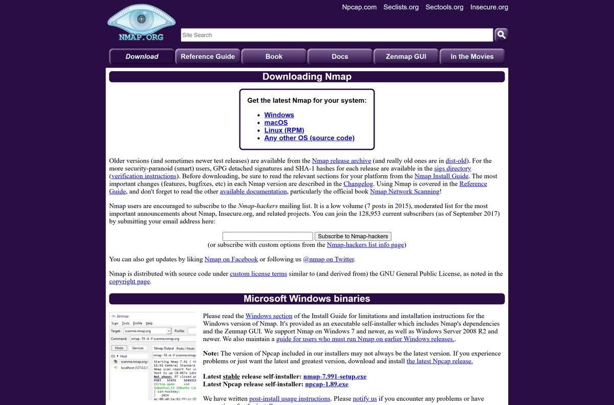 Official Nmap download page listing Windows, macOS, Linux and source builds
