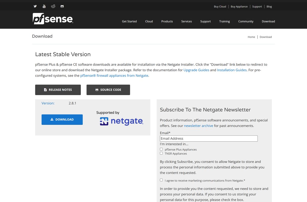 Official pfSense CE download page with the filename guide