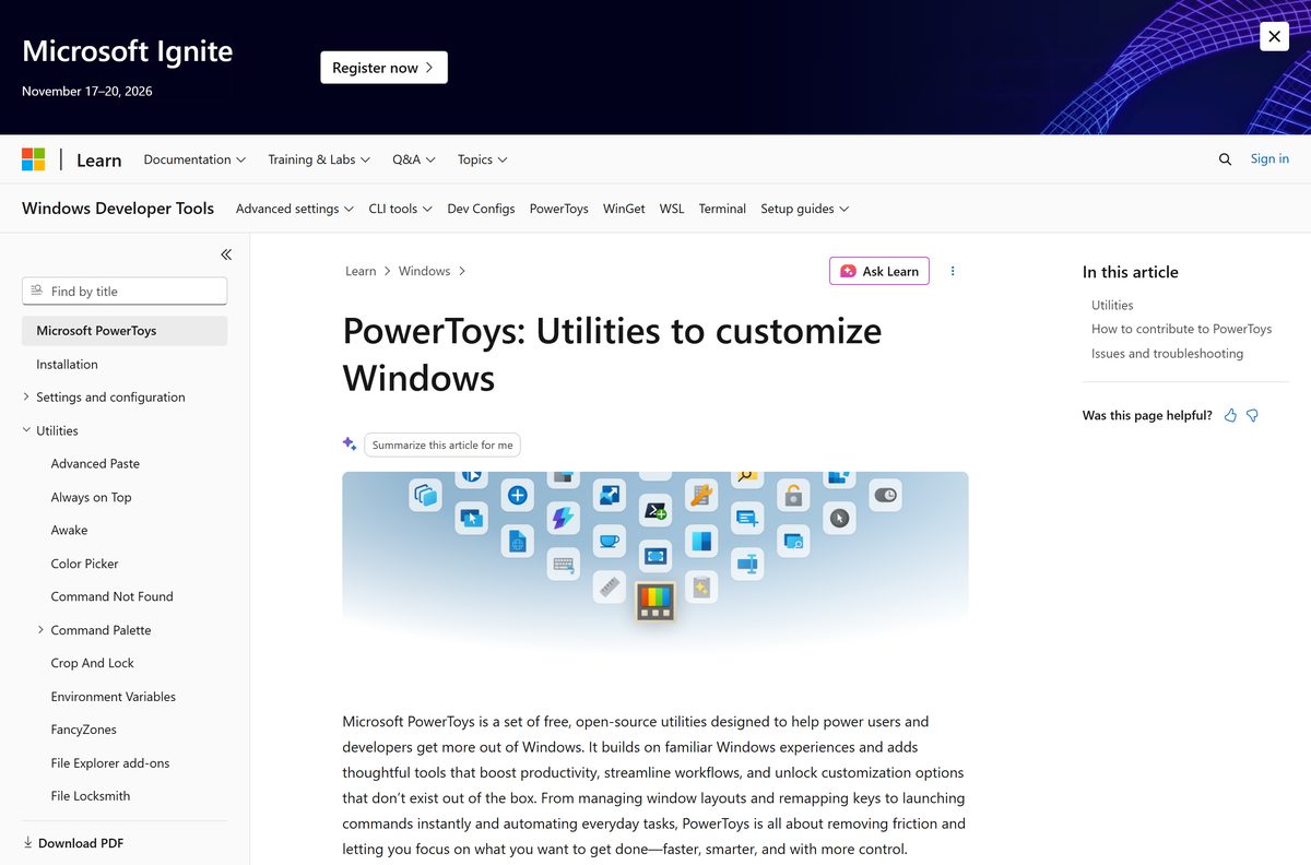 Documentation page listing over 25 Windows customisation utilities