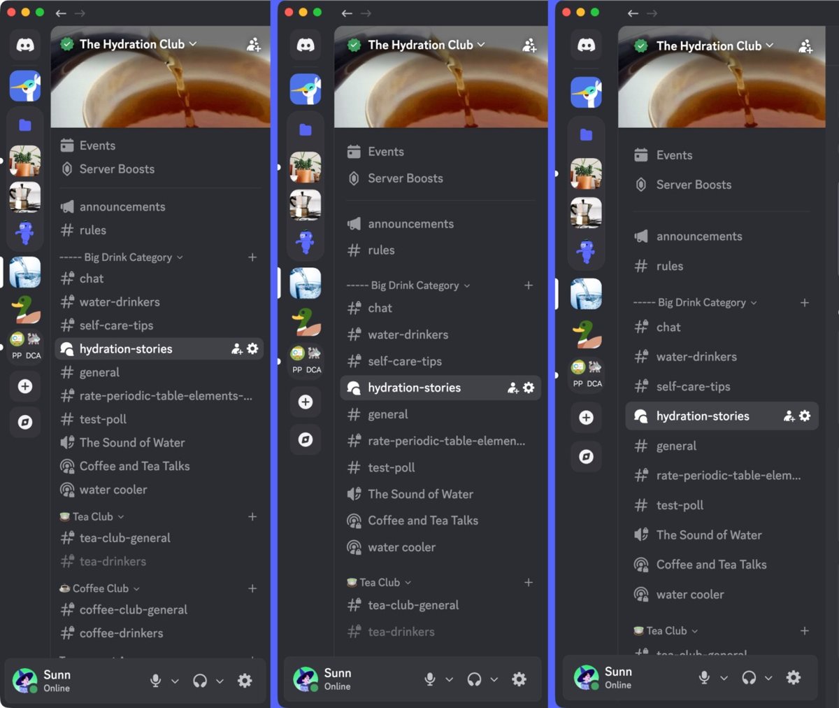 Three Discord windows comparing Compact, Default and Spacious UI density