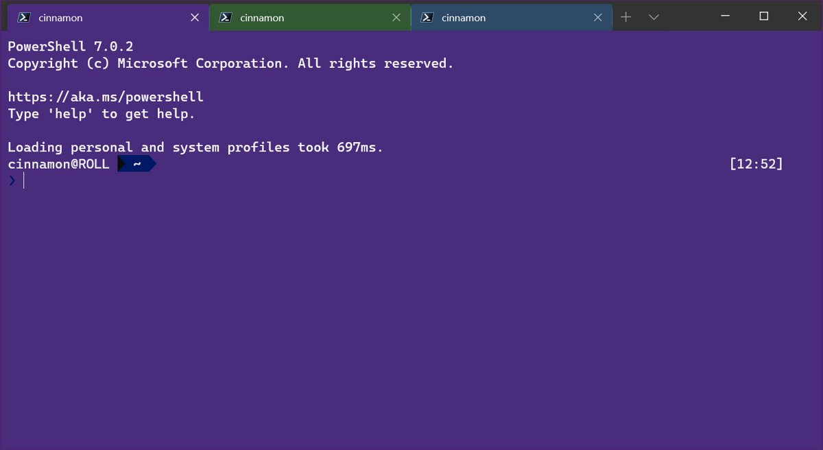 Three Windows Terminal tabs each set to a different color