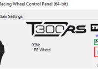 Thrustmaster T300RS Control Panel window listing package, firmware and driver version numbers